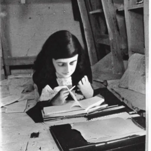 Image similar to Photograph of Anne frank writing in her diary in the attic