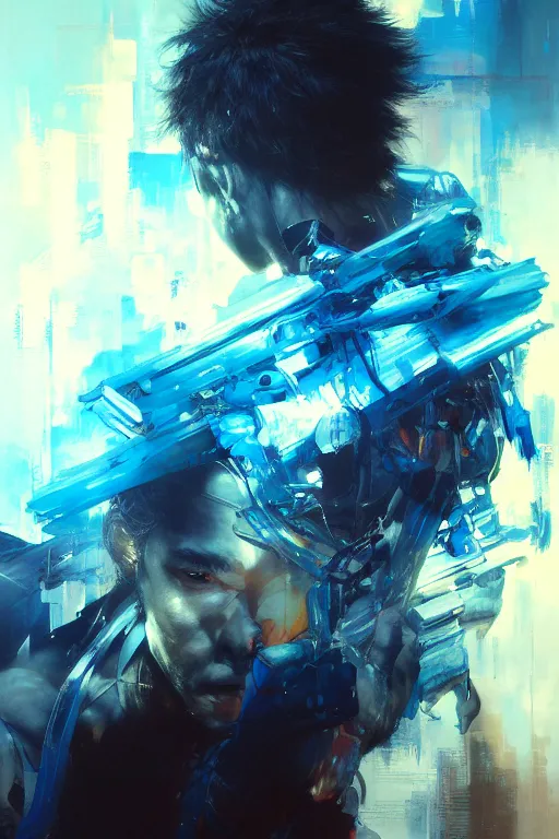 Image similar to gojo satoru, painting, beautifully glowing light blue eyes, collaborative artwork of greg ruthowski, yoji shinkawa, ruan jia, exquisitely high quality and detailed