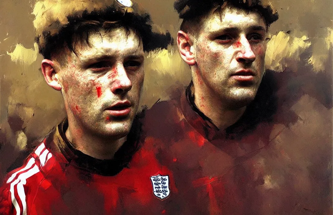 Image similar to portrait of an english football fan!!!!!!!!!!!!!!!!!!!!!!!!!!!, detailed face, detailed painting, epic lighting, by ilya repin, phil hale and kent williams