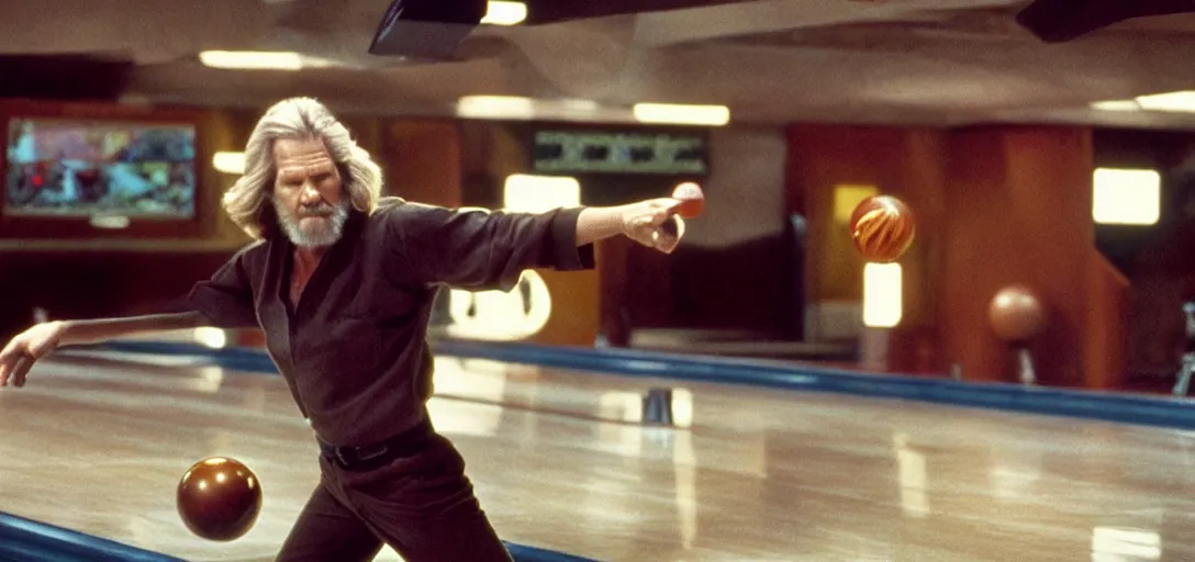 Image similar to Jeff Bridges The Dude throwing bowling balls down a bowling lane in Star Wars