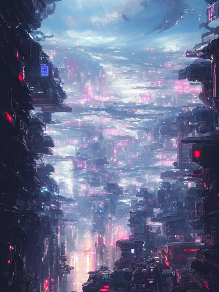 Prompt: Beautiful Epic scene of a beautiful gigantic futuristic military spacecraft carrier above a futuristic Tokyo style military city, by Greg Rutkowski and Krenz Cushart and Pan_Ren_Wei and Hongkun_st and Bo Chen and Enze Fu and WLOP and Alex Chow, Madhouse Inc., anime style, crepuscular rays, set in rainy futuristic cyberpunk Tokyo street, dapped light, dark fantasy, cgsociety, trending on artstation