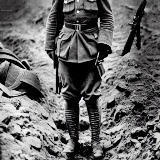 Image similar to Thanos as a soldier, ww1 trench, war photo, film grain