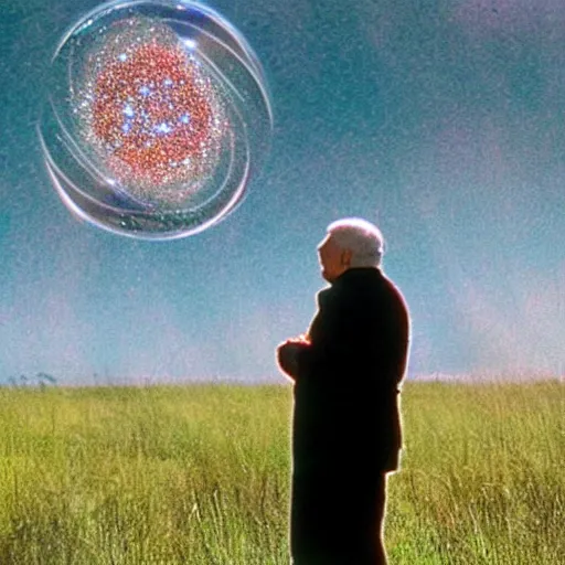 Image similar to an old man in a field looking at multiverse bubbles in the sky, scene from a star trek movie