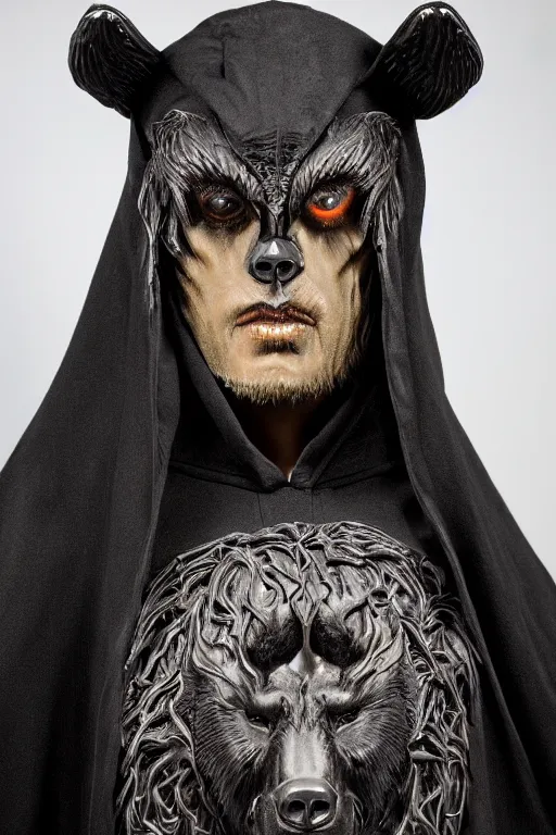 Image similar to sideview waist up portrait of bear wear black cape hoodie made with porcelain by jeff easley and peter elson, beautiful eyes and face, symmetry face, galaxy, gothic, surreal, dread, highly detailed, intricate complexity, epic composition, magical atmosphere, masterpiece, award winning, trending on artstation