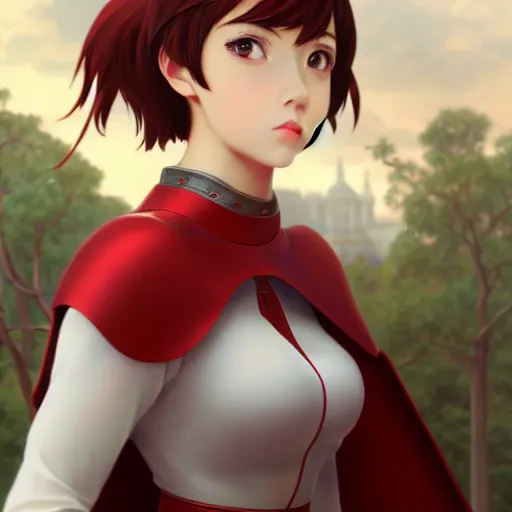 Prompt: card art of a girl wearing red armor with white dress, makoto shinkai, very detailed, realistic face, detailed face, matte, tonemapping, bbwchan, perfection, 4K, William-Adolphe Bouguereau