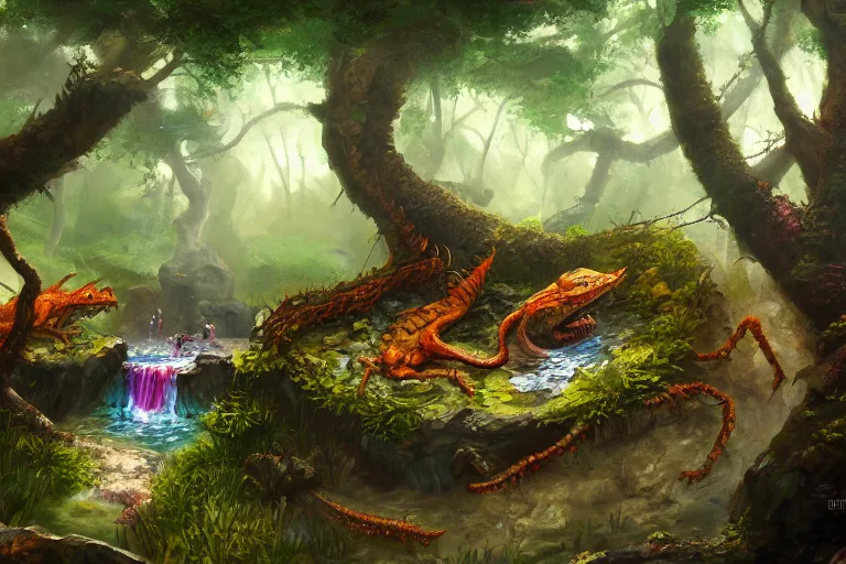 Prompt: a manlizard finding a colorful hotspring deep in the forest, oil painting, highly detailed, medieval fantasy, featured on artstation