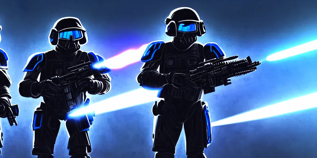 Image similar to A very detailed sketch of two soldiers with blue laser rifles wearing black power armour with blue sprites and full helmets with blue visors, night, fog, a complicated chrome-plated spaceship with blue lights in the background, realistic 4k octane beautifully detailed render, 4k post-processing, highly detailed, intricate complexity, epic composition, magical atmosphere, cinematic lighting, masterpiece, ultra hd