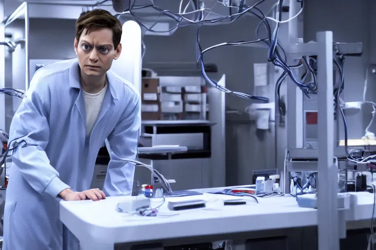 Image similar to Marvel Raimiverse Peter Parker played by Tobey Maguire working at a laboratory ultra realistic, 4K, movie still, UHD, sharp, detailed, cinematic