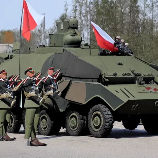 Prompt: russian soldiers in full uniform ride on an armored personnel carrier with the flag of the russian empire