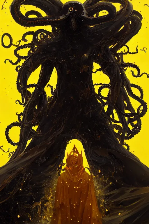 Image similar to A full body portrait of a mysterious character with no face with a very long hooded yellow cloak, a golden crown floating above his head tentacles coming out the ground art by Maciej Kuciara and Jason Chan, ominous, cosmic horror, trending on artstation, Ultra detailed, hyper realistic 4k