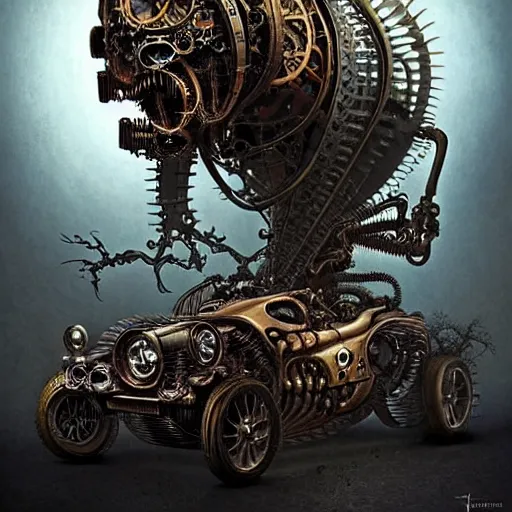 Image similar to biomechanical steampunk vehicle reminiscent of fast sportscar with robotic parts and (glowing) headlights parked in ancient lush palace, gothic and baroque, brutalist architecture, ultradetailed, creepy ambiance, fog, artgerm, giger, Intricate by Ellen Jewett and Josan Gonzalez and Giuseppe Arcimboldo