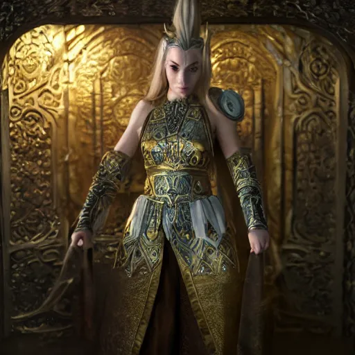 Image similar to the elder scrolls vi, charismatic regal blonde high elf female jarl, portrait, exquisitely designed throne room, atmospheric lighting, painted, intricate, volumetric lighting, beautiful, daytime, sunny weather, sharp focus, deep colours, ultra detailed, by leesha hannigan, ross tran, thierry doizon, kai carpenter, ignacio fernandez rios