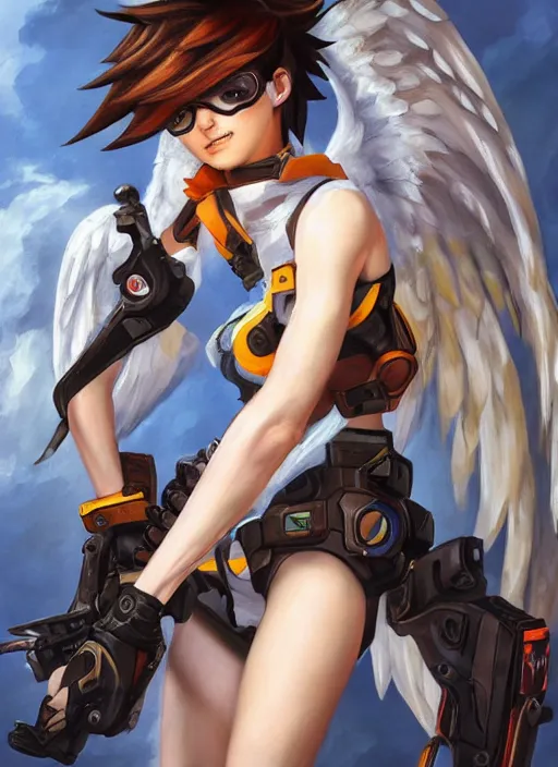 Image similar to full body oil painting of tracer overwatch in the style of sophie anderson, angel wings, black garment, dramatic painting, wearing steel collar,