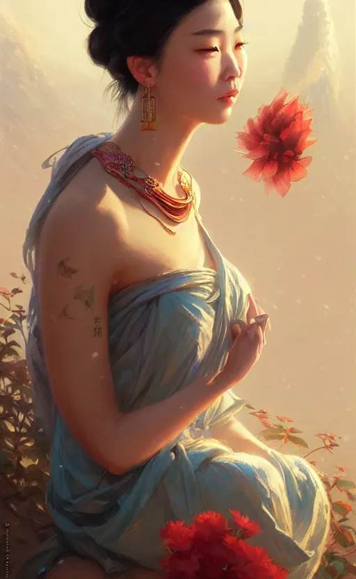 Image similar to a beautiful taiwan goddess with sundress with jewelry | | winter, realistic shaded, unpleasant face, good looking, fine details, realistic shaded lighting poster by greg rutkowski, magali villeneuve, artgerm, jeremy lipkin and michael garmash and macoto takahashi