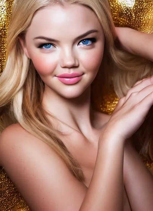 Prompt: beautiful portrait of a young woman with a thin body who is a perfect blend of kate upton and dove cameron dressed in shiny plastic armor, photography, high definition, 8 k resolution, retouched, glamour