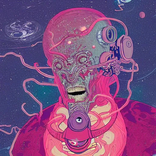 Prompt: digital painting of an elder god in space by Tomer Hanuka, hyperdetailed, cosmic horror, vivid colors, trending on Artstation