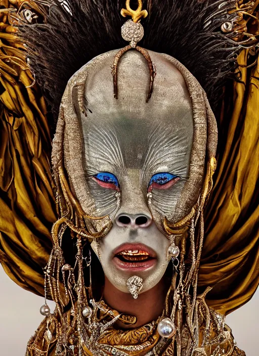 Image similar to hyperrealism, detailed textures, award winning autochrome photo, symetrical africanpearl old screaming medusa queen autochrome pearl portrait, pearl silverplate, intricate, detailed facial pearl scary animal mask, pearl, golden jewelery, silverplate, ultra realistic, cinematic, intricate, cinematic light by steve mccurry, unreal engine 8 k