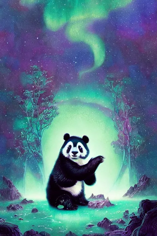 Image similar to panda in the silver night, rock color, aurora element, cosmic nebula, metallic texture, astral plane, by edmund dulac and peter mohrbacher and ellen jewett and dan mumford, trending on cgsociety, light effec, c 4 d