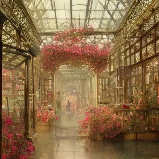 Prompt: a beautifull intricate watercolour painting of a victorian confectionery room with many flowers and, reflexions, verry high details by william turner art, greg rutkowski and alphonse mucha, trending on artstation, very very detailed, masterpiece,