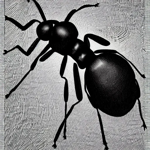 Image similar to ant, black and white, botanical illustration, naturalistic, book illustration, black ink on white paper, bold lines