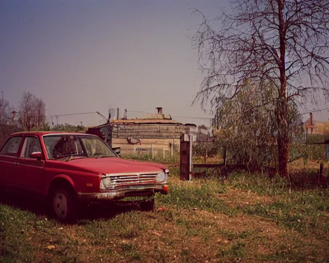 Image similar to a lomographic photo of old lada 2 1 0 7 standing in typical soviet yard in small town, hrushevka on background, cinestill, bokeh