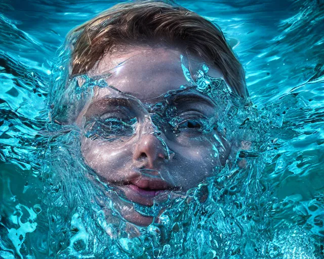 Prompt: water art manipulation of a surreal human head with open eyes burried in the ocean, hyper realistic, ray tracing, realistic water, sharp focus, 8 k resolution, cinematic