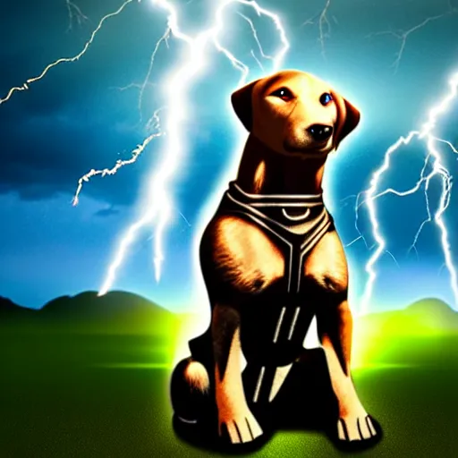 Prompt: a canine thor holding thor's hammer with its paw, dramatic lightning background