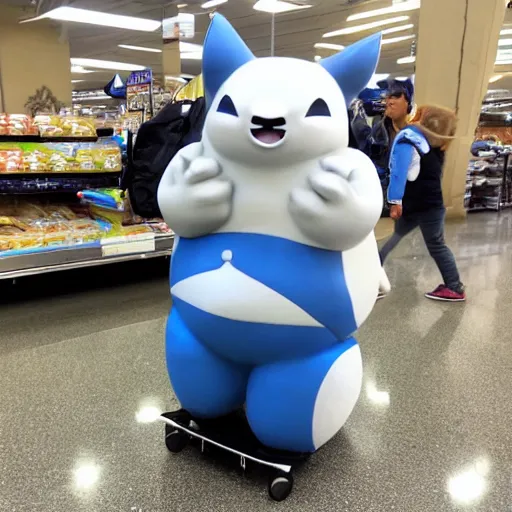 Image similar to Snorlax using a mobility scooter at Walmart