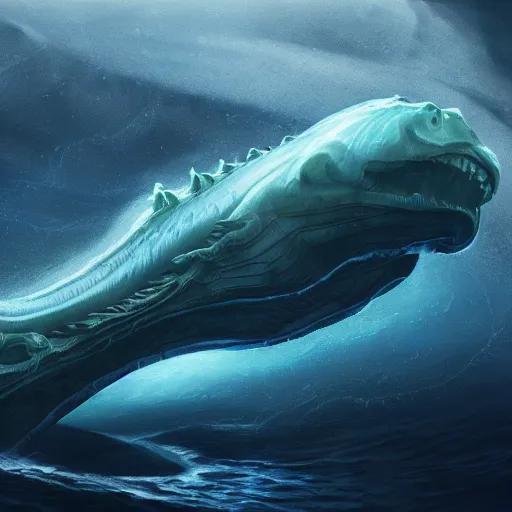 Image similar to top down view of an alien leviathan emerging from a deep ocean during a storm, cinematic lighting, dramatic, masterpiece, trending on artstation