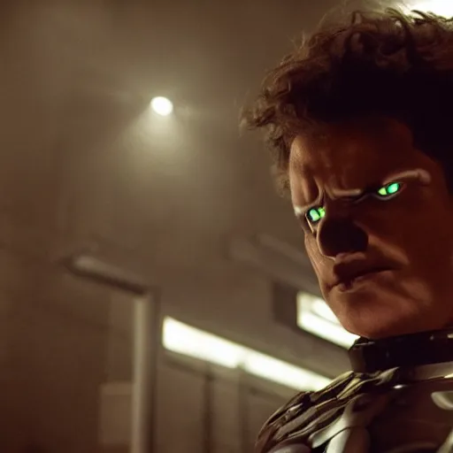 Image similar to movie still of a villain cyborg, facial expression, cinematic composition, cinematic light, surreal cinema, by edgar wright and david lynch,