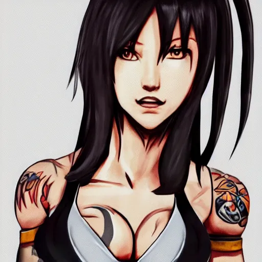 Image similar to high quality art of tifa lockhart with tattoos, flexing, trending on artstation