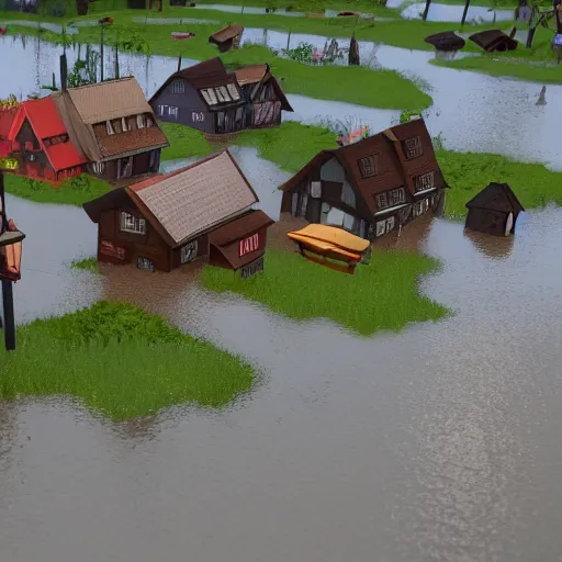 Image similar to top-down 3D video game about a german town being flooded, gameplay footage