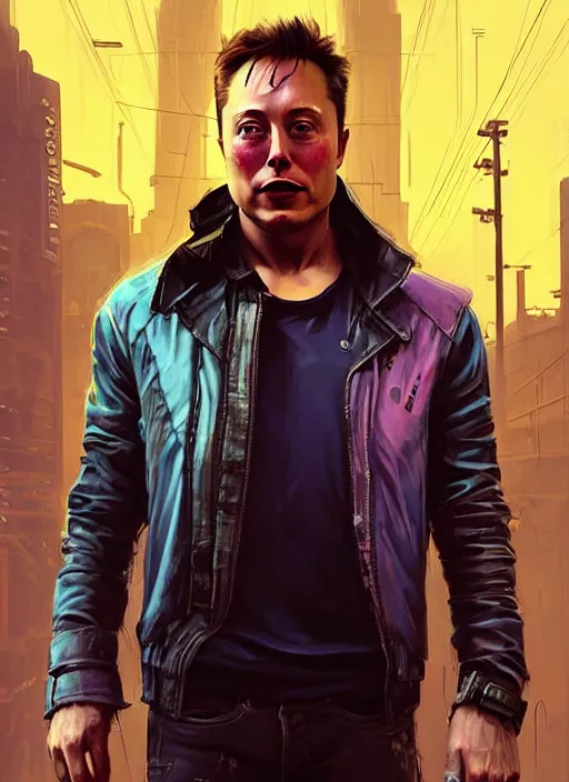 Image similar to portrait of elon musk as a homeless character in cyberpunk 2 0 7 7, looking at camera, intricate, dystopian, sci - fi, extremely detailed, digital painting, artstation, concept art, smooth, sharp focus, illustration, intimidating lighting, incredible art by artgerm and greg rutkowski and alphonse mucha and simon stalenhag