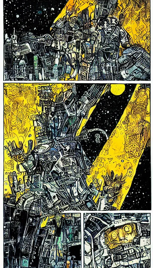 Image similar to religious hard science fiction comic by, bill sienkiewicz, teal and gold colour palette, line drawing, ink pour