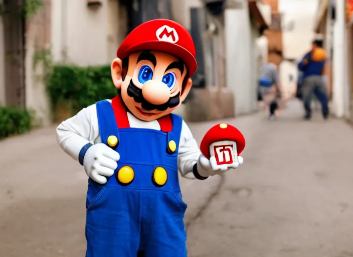 Prompt: super mario as a drug dealer selling a magical mushroom in the alleys of los angeles, super mario in real life, red hat and blue overalls, canon eos r 3, f / 1. 4, iso 2 0 0, 1 / 1 6 0 s, 8 k, raw, unedited, symmetrical balance, wide angle, 🍄