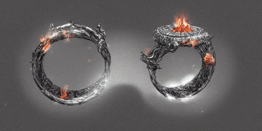 Prompt: magic ring with a diamond, fire, flame, engraving, d & d, item, graphic, close - up, design, shimmer, artbook, page, detailed, trending on artstation, cgsociety, ralph mcquarrie and greg rutkowski