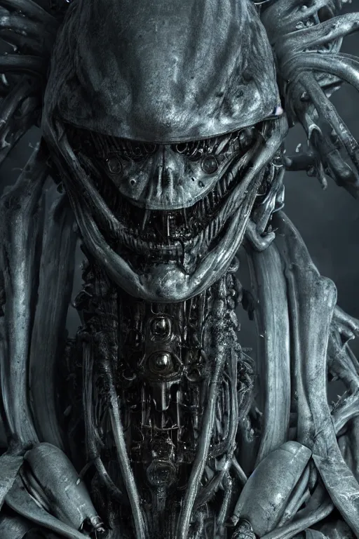 Prompt: ultrarealistic portrait of an scary alien with wet biomechanical exoskeleton armor, dark atmosphere, by h. r. giger and h. p. lovecraft, octane render, cgi