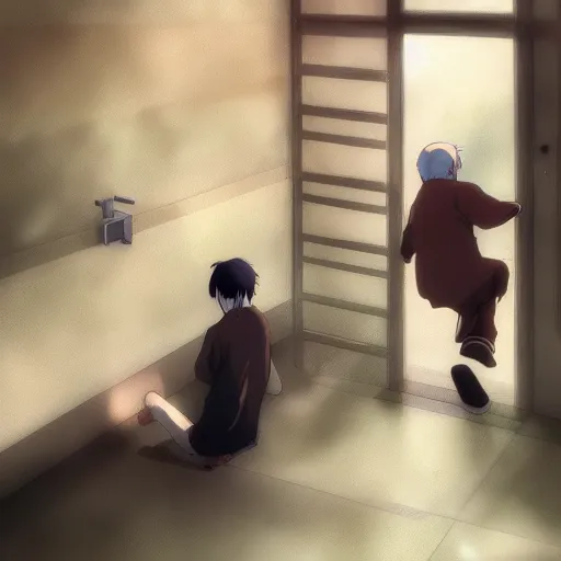 Image similar to bathroom, an old man falls on the floor,anime scenery by Makoto shinkai