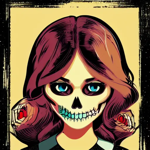 Image similar to portrait skull disney girl by petros afshar, tom whalen, laurie greasley, war face by greg rutkowski