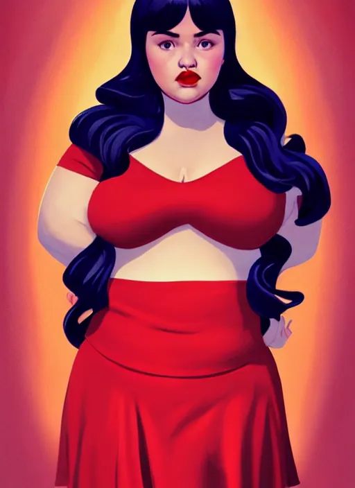 Image similar to full body portrait of teenage veronica lodge, obese, bangs, sultry, realistic, sultry smirk, wavy hair, red skirt, fat, belly, intricate, elegant, glowing lights, highly detailed, digital painting, artstation, concept art, smooth, sharp focus, illustration, art by wlop, mars ravelo and greg rutkowski