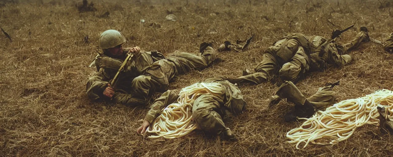 Prompt: dead soldiers on the battlefield, wrapping spaghetti, fog of war, canon 5 0 mm, high detail, intricate, cinematic lighting, photography, wes anderson, film, kodachrome