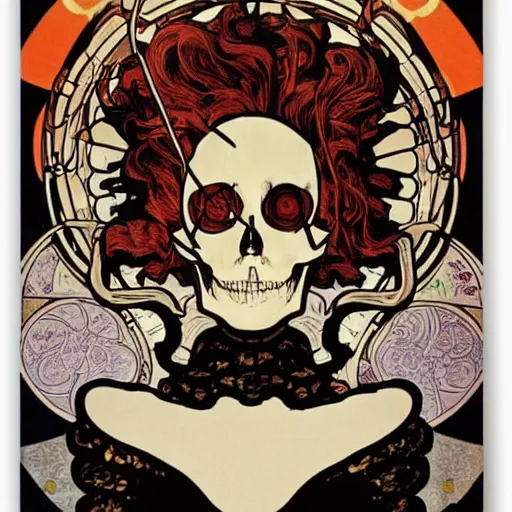 Image similar to akira manga skull portrait face skeleton explosion stars style by Alphonse Mucha pop art nouveau