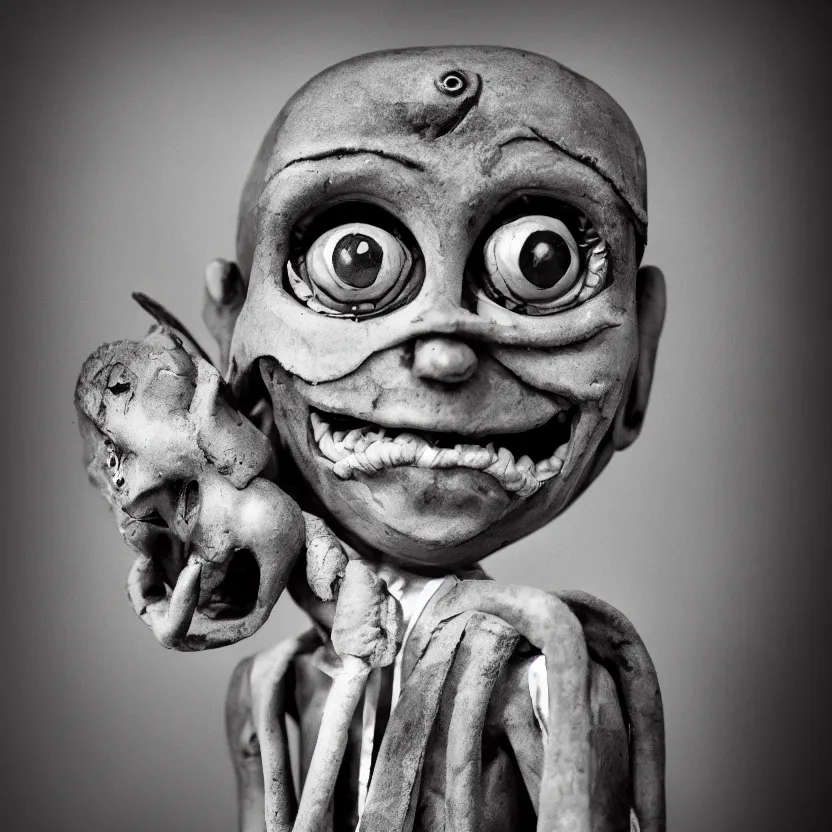 Image similar to creepy ventriloquist dummy in the style of roger ballen, 4 k, bw, portrait