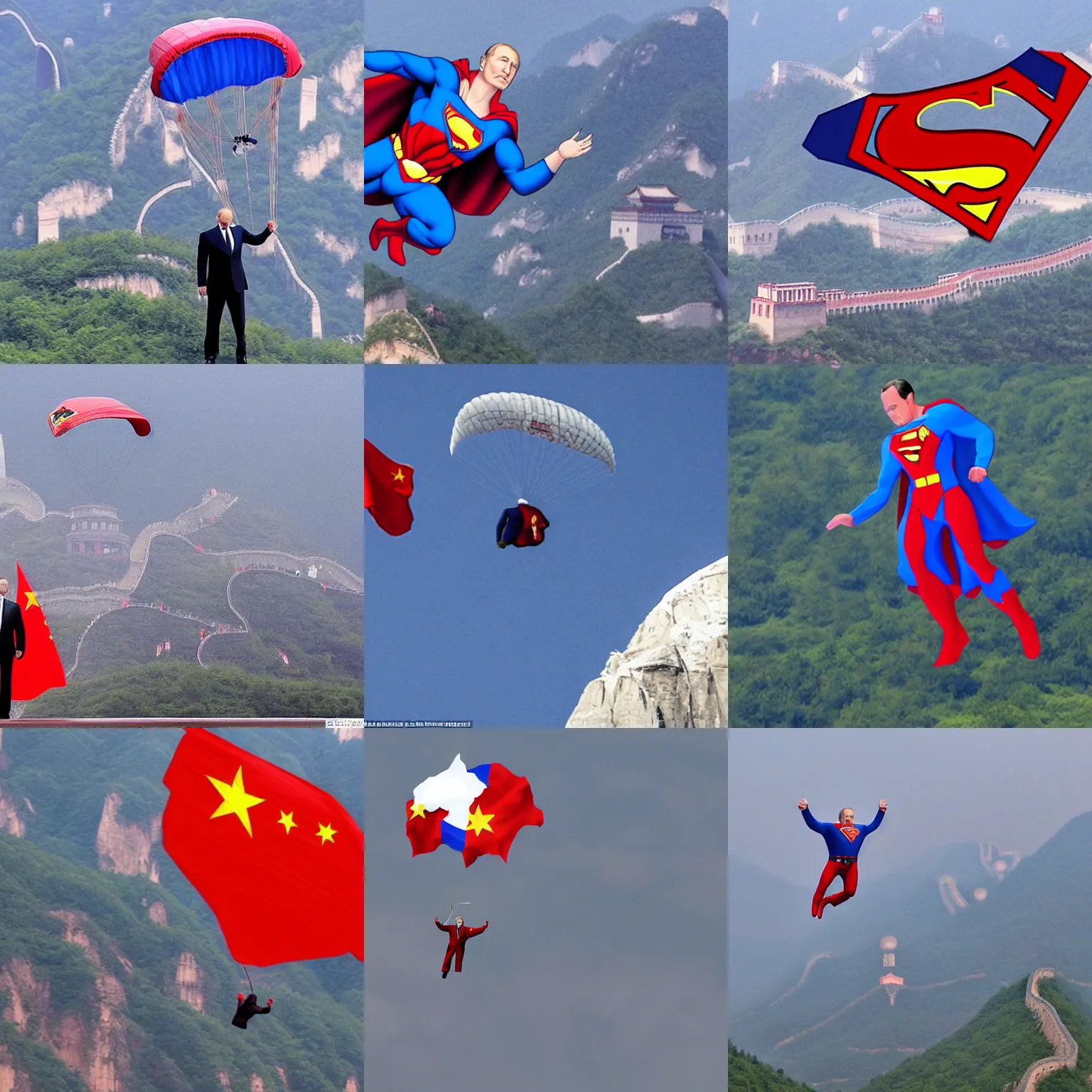 Prompt: vladimir putin in the suit of superman is flying above the great Chinese wall