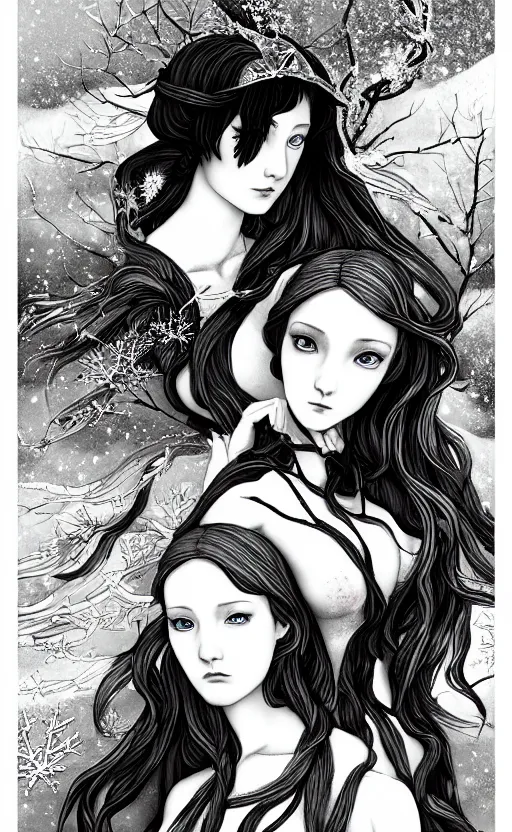 Image similar to allegory of Winter, as 3 figures, (Representing the 3 months of December, January, and February), in a mixed style of Botticelli and Æon Flux, inspired by pre-raphaelite paintings, shoujo manga, and Harajuku street fashion, sparse frozen landscape, dark and moody colors, hyper detailed, super fine inking lines, dramatic lighting, 4K photorealistic