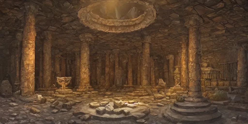 Prompt: inside A sumerian temple hall full of gemstonesculptures, art by World of Warcraft Art Direction, art station, concept art,