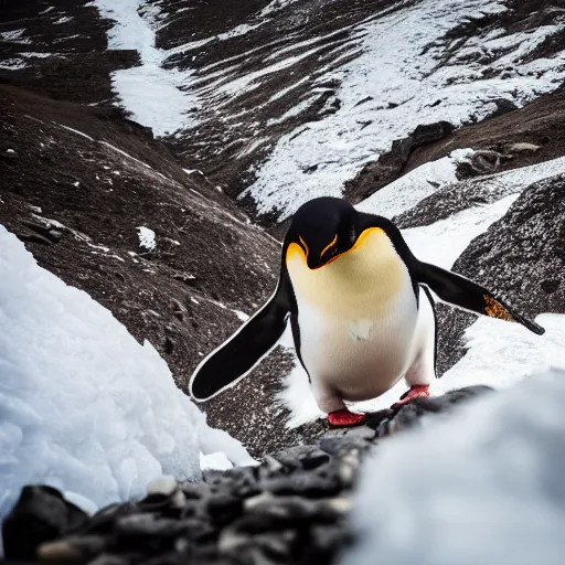 Prompt: penguin climbing the everest, canon eos r 3, f / 1. 4, iso 2 0 0, 1 / 1 6 0 s, 8 k, raw, unedited, symmetrical balance, in - frame