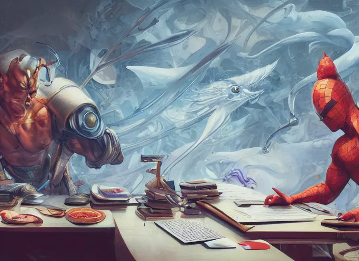 Image similar to an insanely detailed painting of an asian man wearing a homemade superhero costume, sitting at a desk, staring seriously at the computer and typing, in the style of peter mohrbacher, james jean, artgerm, dramatic lighting and composition, surreal background, octane render, pixar, trending on artstation, concept art, comic book, view from behind, 8 k