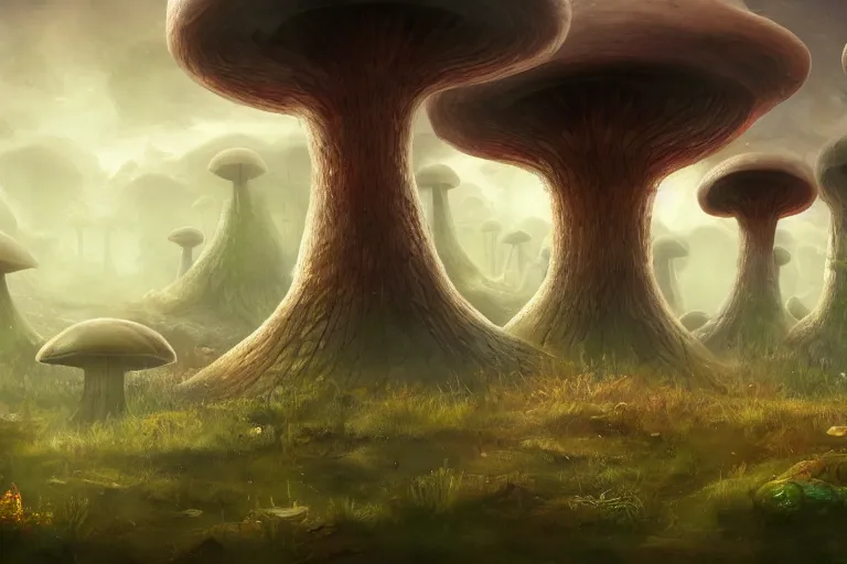 Prompt: giant mushroom forest in the style of Tuomas Korpi concept art, 4K, UHD, High quality, Trending on Artstation HQ