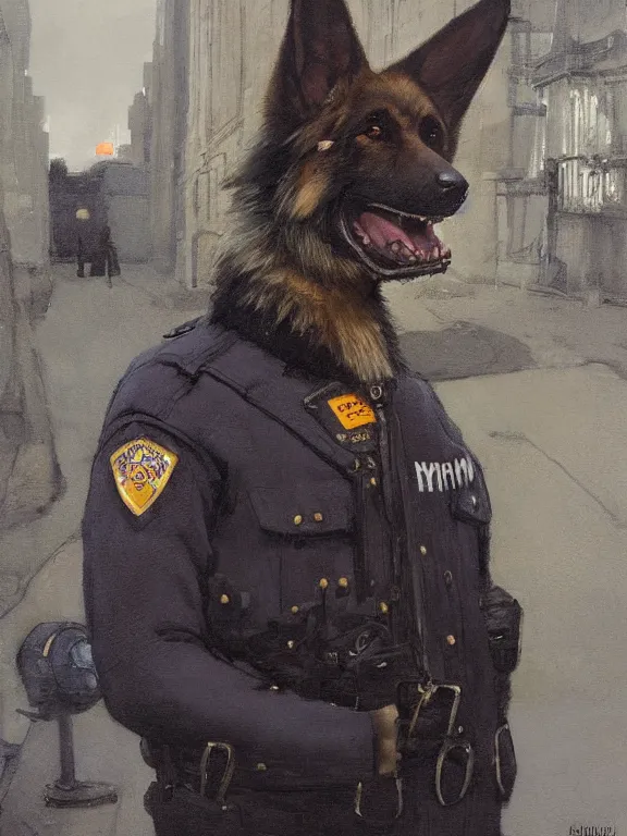 Image similar to new york city portrait of furry anthro anthropomorphic german shepard head animal person fursona wearing clothes nypd traditional police uniform in the alley, sunny day, digital art by Nerdrum John, William Waterhouse, Winslow Homer, Alex Heywood, Jordan Grimmer, Darren Quach, Greg Rutkowski, Simon Stalenhag, trending on Artstation, CGSociety